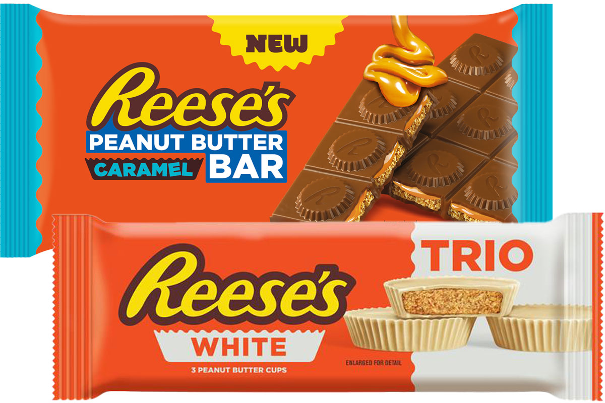 Pack shots of Reese's Peanut Butter Caramel Bar and Reese's White Cup Trio.
