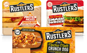 Rustlers rolls out trio of NPD Pack shots of Rustlers The Protein Packs Chicken Muffin, The Double Smash Burger and Nacho Melt Crunch Dog.