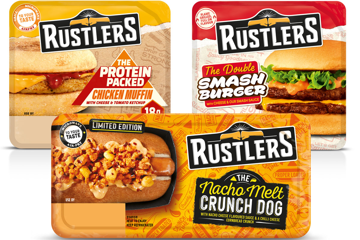 Pack shots of Rustlers The Protein Packs Chicken Muffin, The Double Smash Burger and Nacho Melt Crunch Dog.