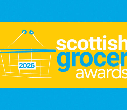 Scottish Grocer Awards shortlist revealed The Scottish Grocer Awards 2026 logo is set against a yellow box which is against a blue patterned background.