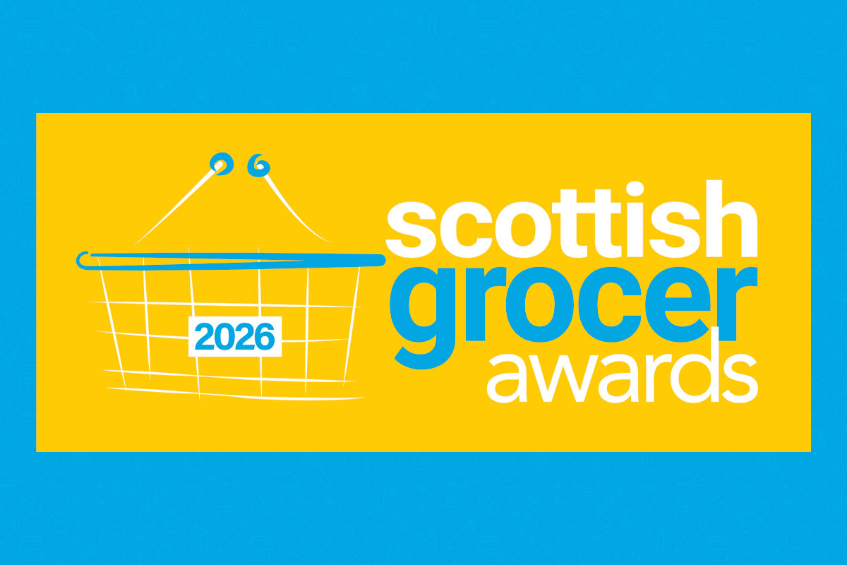 The Scottish Grocer Awards 2026 logo is set against a yellow box which is against a blue patterned background.