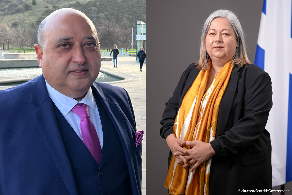 Headshot of Pete Cheema, chief executive at the Scottish Grocers' Federation, standing outside of Scottish Parliament and an official image of Kirsten Oswald MSP, minister for victims and community safety at Scottish Government.
