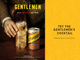 Schweppes kicks off festive sales with Netflix’s The Gentlemen Promotional image for the collaboration between Schweppes and Netflix's The Gentlemen featuring a hand reaching for a cocktail serve with a can of Schewppes Indian Tonic Water next to it. The advert invites consumers to "Try The Gentlemen's Cocktail" on the right-hand side of the image.