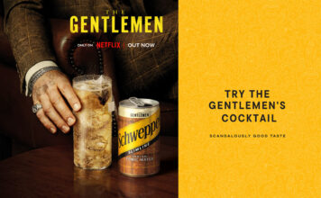 Schweppes kicks off festive sales with Netflix’s The Gentlemen Promotional image for the collaboration between Schweppes and Netflix's The Gentlemen featuring a hand reaching for a cocktail serve with a can of Schewppes Indian Tonic Water next to it. The advert invites consumers to "Try The Gentlemen's Cocktail" on the right-hand side of the image.