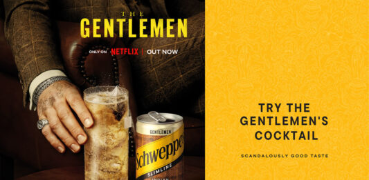 Schweppes kicks off festive sales with Netflix’s The Gentlemen Promotional image for the collaboration between Schweppes and Netflix's The Gentlemen featuring a hand reaching for a cocktail serve with a can of Schewppes Indian Tonic Water next to it. The advert invites consumers to "Try The Gentlemen's Cocktail" on the right-hand side of the image.