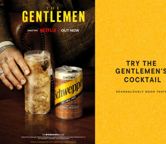 Schweppes kicks off festive sales with Netflix’s The Gentlemen Promotional image for the collaboration between Schweppes and Netflix's The Gentlemen featuring a hand reaching for a cocktail serve with a can of Schewppes Indian Tonic Water next to it. The advert invites consumers to "Try The Gentlemen's Cocktail" on the right-hand side of the image.