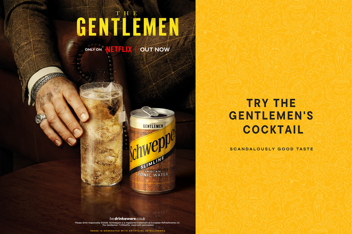 Promotional image for the collaboration between Schweppes and Netflix's The Gentlemen featuring a hand reaching for a cocktail serve with a can of Schewppes Indian Tonic Water next to it. The advert invites consumers to "Try The Gentlemen's Cocktail" on the right-hand side of the image.