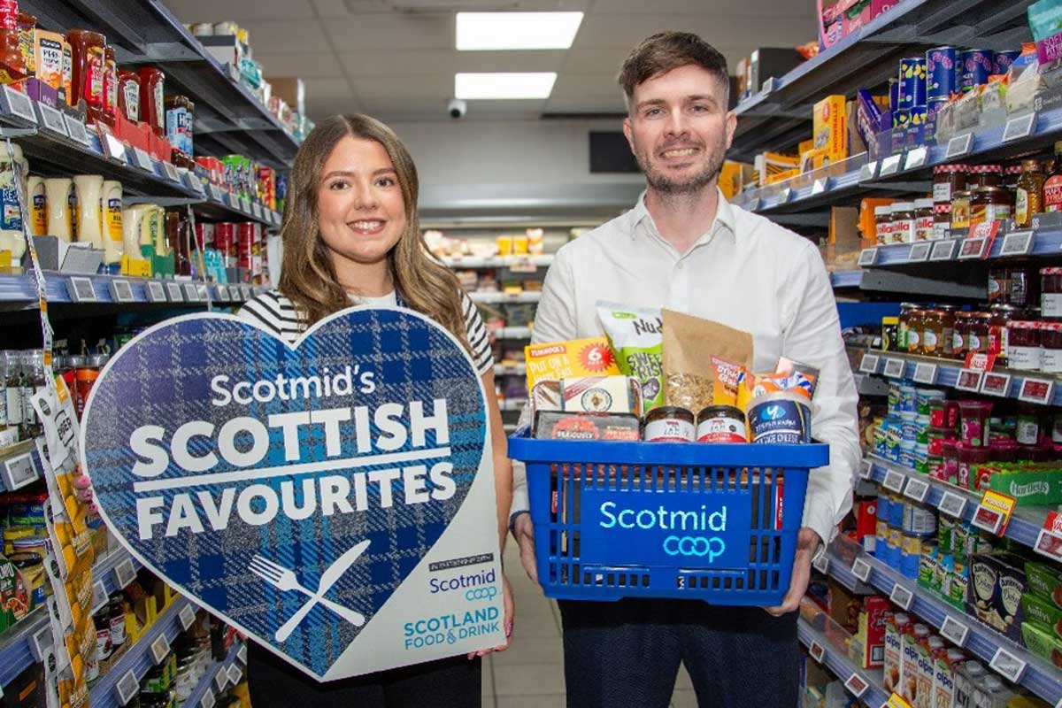 Lauren Rafferty, commercial Ddvelopment co-ordinator, and Steve Addison, local sourcing manager, at the retail chain launch the Scotmid Scottish Favourites 2026 competition.