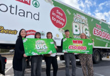 Spar Scotland kicks off Great Big Giveaway promo Members of the Spar Scotland team hold banners for the Great Big Giveaway promotion while standing in front of a Spar Scotland delivery truck with the campaign's livery across it.