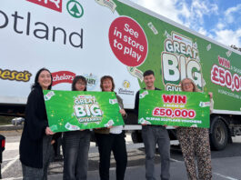 Spar Scotland kicks off Great Big Giveaway promo Members of the Spar Scotland team hold banners for the Great Big Giveaway promotion while standing in front of a Spar Scotland delivery truck with the campaign's livery across it.