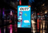VK unveils Freshers campaign in Glasgow The advert for the VK Freshers marketing campaign can be seen on a digital billboard in the middle of the city centre. The image has a bottle of VK blue with the tagline 'Out?'.