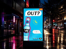 VK unveils Freshers campaign in Glasgow The advert for the VK Freshers marketing campaign can be seen on a digital billboard in the middle of the city centre. The image has a bottle of VK blue with the tagline 'Out?'.