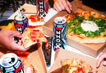 Find a ‘WKD Side’ for Freshers and Halloween A group of people are taking slices of pizza from different boxes with cans of WKDX around the boxes.