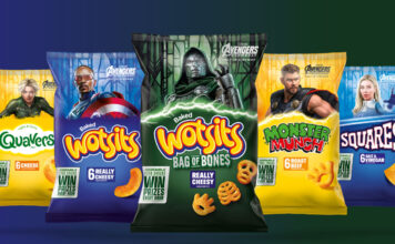 Walkers Snacks joins forces with Marvel for Avengers Doomsday Promotional image of the collaboration between Walkers Snacks and Marvel featuring characters from the movie Avengers Doomsday across packs of Walkers.