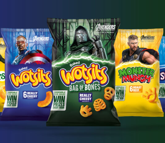 Walkers Snacks joins forces with Marvel for Avengers Doomsday Promotional image of the collaboration between Walkers Snacks and Marvel featuring characters from the movie Avengers Doomsday across packs of Walkers.