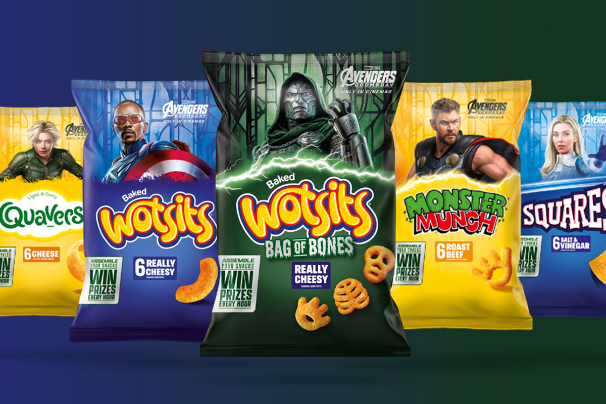 Promotional image of the collaboration between Walkers Snacks and Marvel featuring characters from the movie Avengers Doomsday across packs of Walkers.