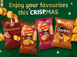 PepsiCo unwraps seasonal Walkers & Doritos variants Promotional image for the PepsiCo snacks range for Christmas 2026 with text that reads 'Enjoy your favourites this CRISPmas'. Pack shots include Walkers Sensations Honey Glazed Roasted Ham, Walkers Crispy Roast Potatoes, Walkers Pigs in Blankets and Doritos Gingerbread.