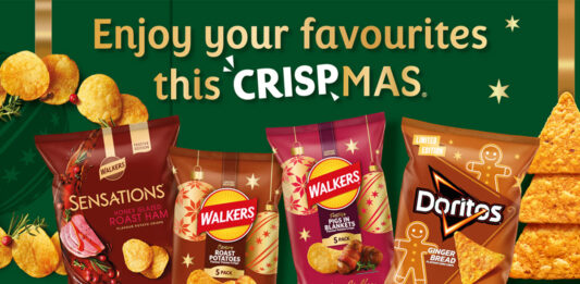 PepsiCo unwraps seasonal Walkers & Doritos variants Promotional image for the PepsiCo snacks range for Christmas 2026 with text that reads 'Enjoy your favourites this CRISPmas'. Pack shots include Walkers Sensations Honey Glazed Roasted Ham, Walkers Crispy Roast Potatoes, Walkers Pigs in Blankets and Doritos Gingerbread.