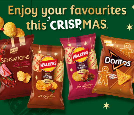 PepsiCo unwraps seasonal Walkers & Doritos variants Promotional image for the PepsiCo snacks range for Christmas 2026 with text that reads 'Enjoy your favourites this CRISPmas'. Pack shots include Walkers Sensations Honey Glazed Roasted Ham, Walkers Crispy Roast Potatoes, Walkers Pigs in Blankets and Doritos Gingerbread.