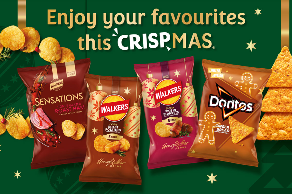 Promotional image for the PepsiCo snacks range for Christmas 2026 with text that reads 'Enjoy your favourites this CRISPmas'. Pack shots include Walkers Sensations Honey Glazed Roasted Ham, Walkers Crispy Roast Potatoes, Walkers Pigs in Blankets and Doritos Gingerbread.