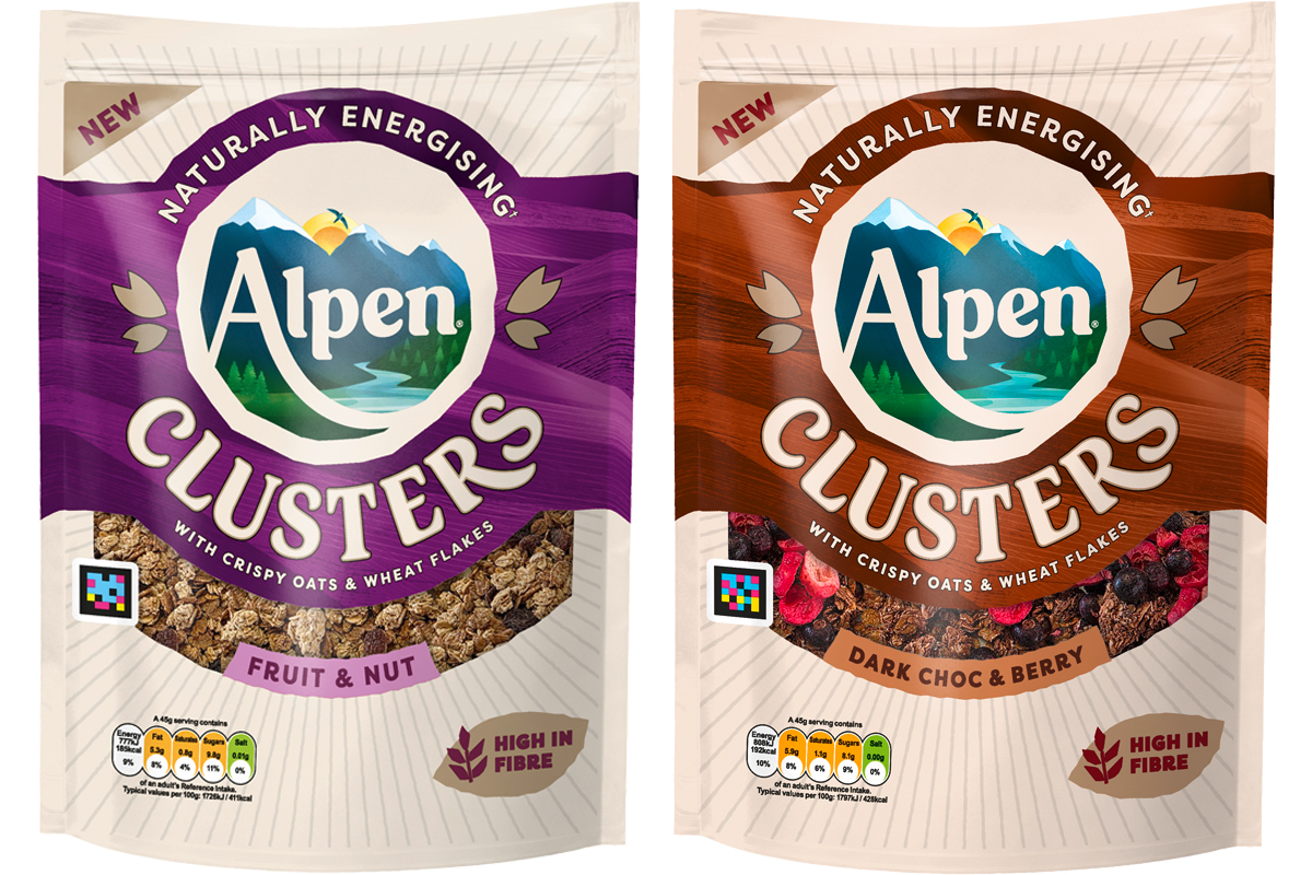 Pack shots of Alpen Clusters Fruit & Nut and Dark Choc & Berry variants.