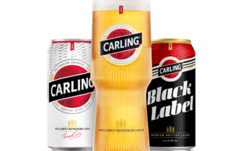 Carling reveals first major brand refresh in over 30 years A pint of Carling stands between two pack shots of Carling and Carling Black Label cans.