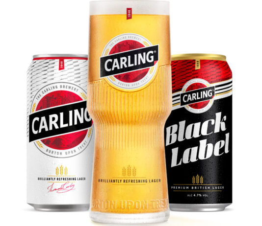 Carling reveals first major brand refresh in over 30 years A pint of Carling stands between two pack shots of Carling and Carling Black Label cans.