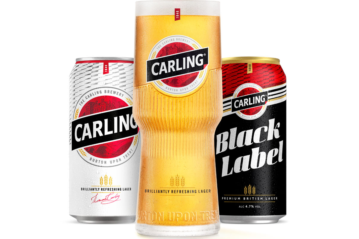 A pint of Carling stands between two pack shots of Carling and Carling Black Label cans.