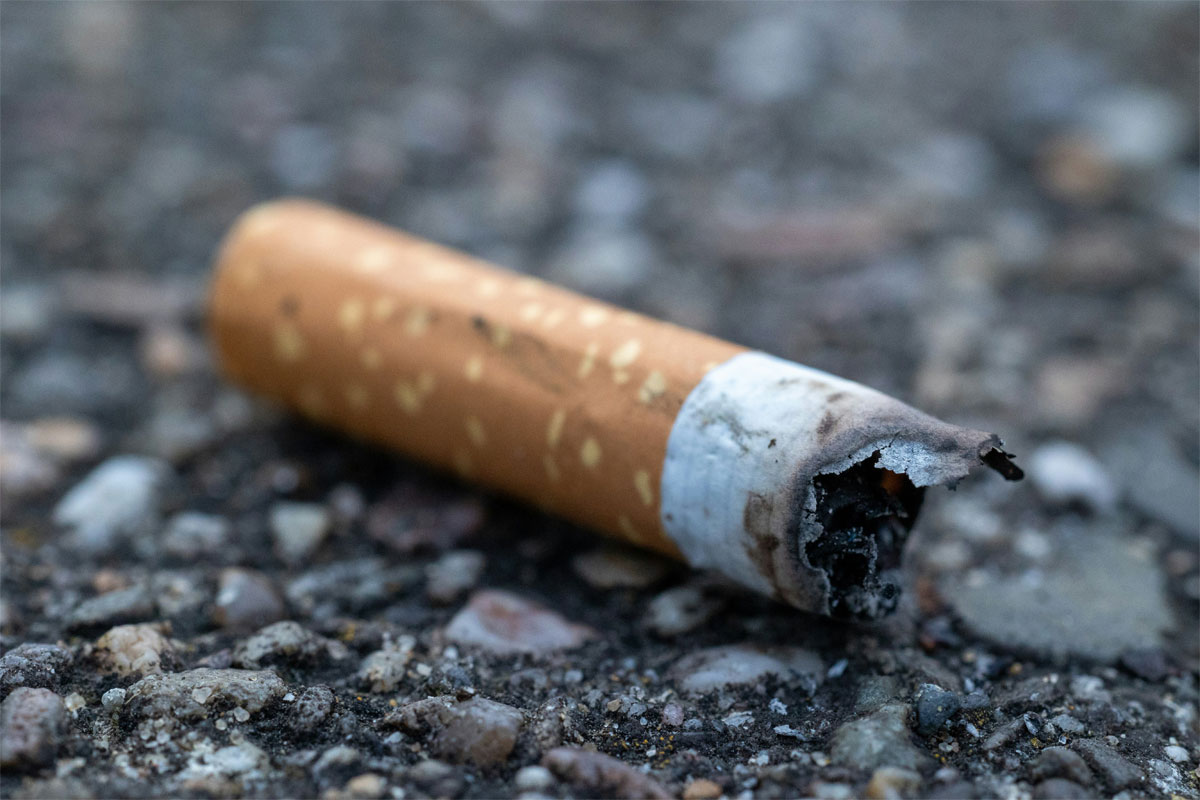 A discarded cigarette butt is on the ground.