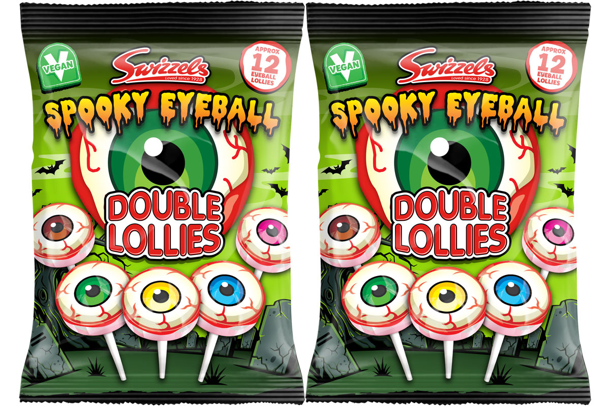 Pack shots of Swizzels Spooky Eyeballs Double Lollies.