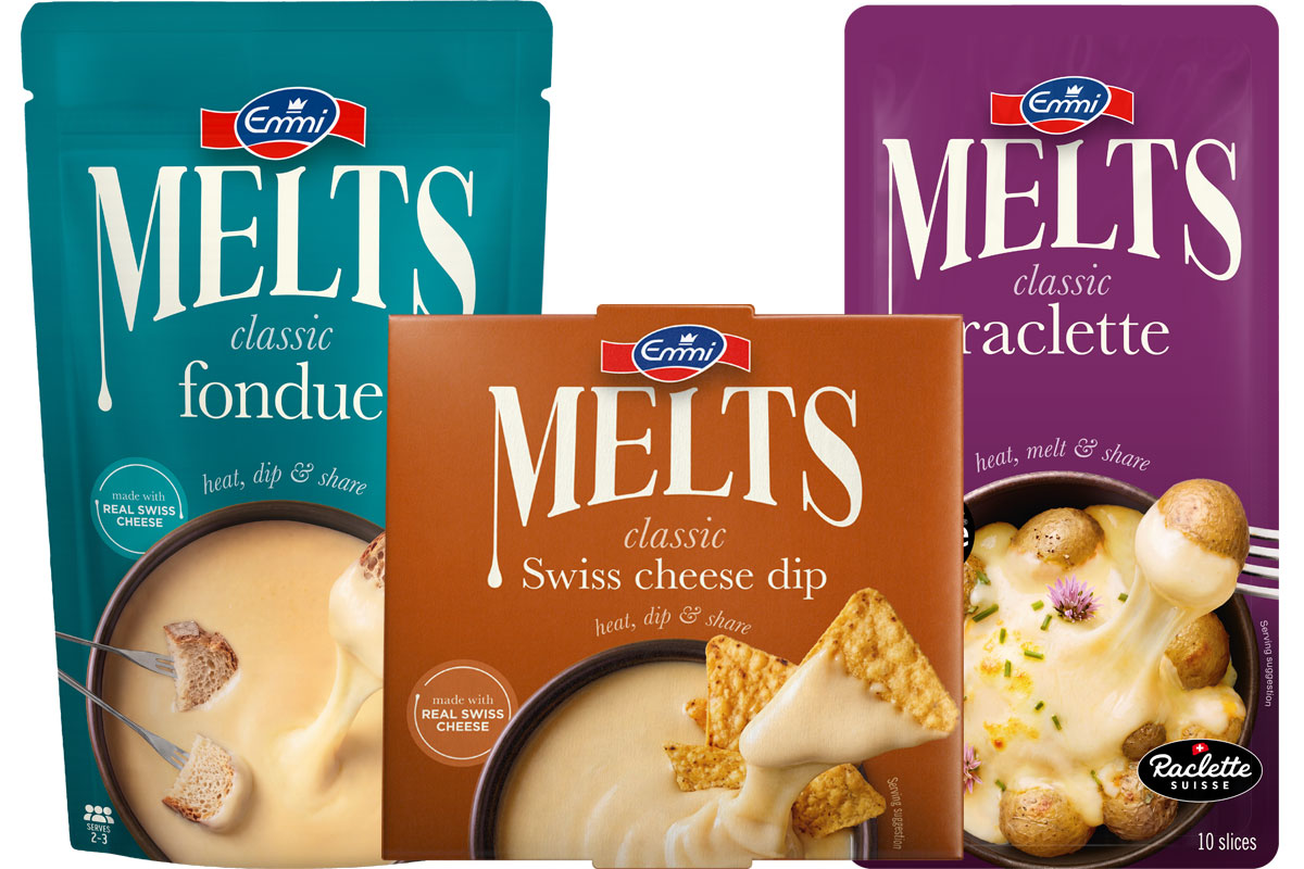 Pack shots of Emmi Melts range including Classic Fondue, Classic Raclette and Classic Swiss Cheese Dip.