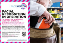 Facewatch rolls out new crime intelligence platform A poster of the Facewatch system to alert people the tech is in operation is next to an image of a man shoplifting an item inside a store.