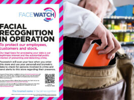 Facewatch rolls out new crime intelligence platform A poster of the Facewatch system to alert people the tech is in operation is next to an image of a man shoplifting an item inside a store.