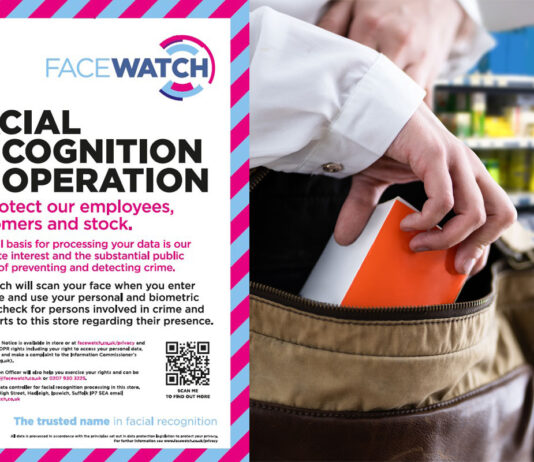 Facewatch rolls out new crime intelligence platform A poster of the Facewatch system to alert people the tech is in operation is next to an image of a man shoplifting an item inside a store.