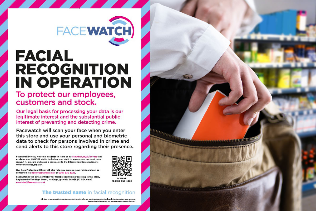 A poster of the Facewatch system to alert people the tech is in operation is next to an image of a man shoplifting an item inside a store.