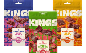 Kepak brings Kings back to the table Pack shots of Kings Sweet BBQ Beef Jerky, Classic Beef Biltong and Honey BBQ Beef Jerky.