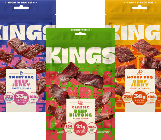 Kepak brings Kings back to the table Pack shots of Kings Sweet BBQ Beef Jerky, Classic Beef Biltong and Honey BBQ Beef Jerky.