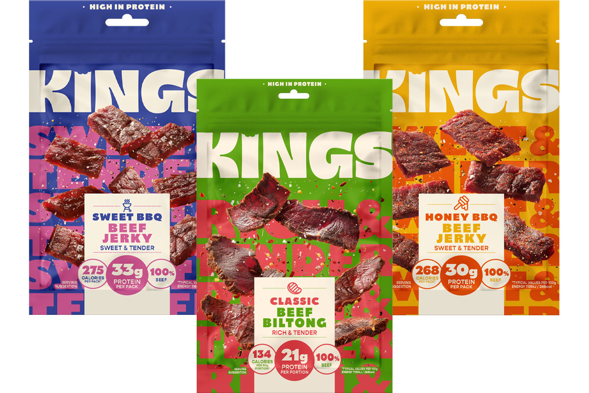 Pack shots of Kings Sweet BBQ Beef Jerky, Classic Beef Biltong and Honey BBQ Beef Jerky.