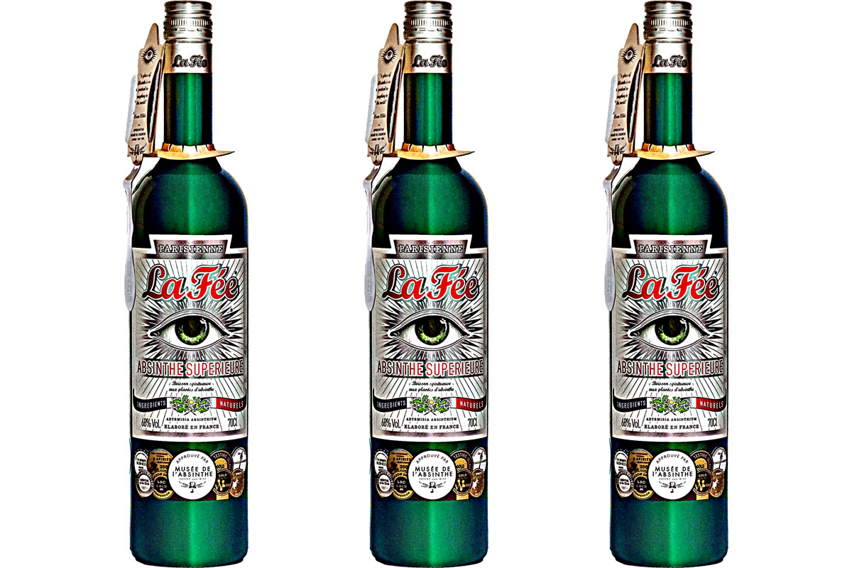 Pack shots of La Fée absinthe 700ml bottles.