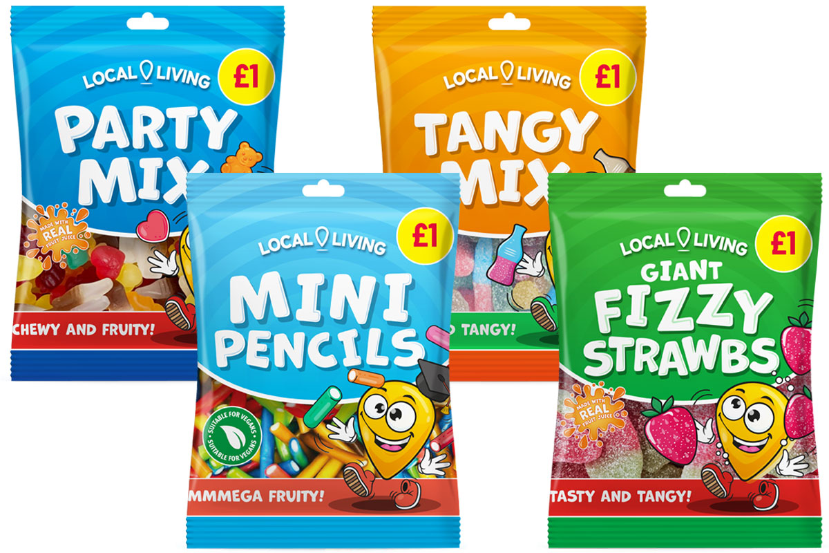 Pack shots of Local Living Party Mix, Mini Pencils, Tangy Mix and Fizzy Strawbs.