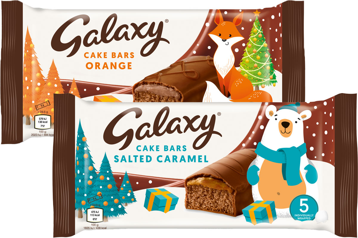 Pack shots of Galaxy Cake Bars Orange and Galaxy Cake Bars Salted Caramel with Christmas festive packaging designs.