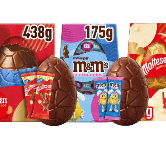 Mars Wrigley unveils 2027 Easter line-up Pack shots of Maltesers Popcorn Bunnies Easter Egg, M&M's Crispy Mini Bunnies Easter Egg and Maltesers White XL Easter Egg.