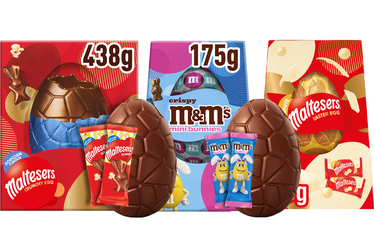 Pack shots of Maltesers Popcorn Bunnies Easter Egg, M&M's Crispy Mini Bunnies Easter Egg and Maltesers White XL Easter Egg.