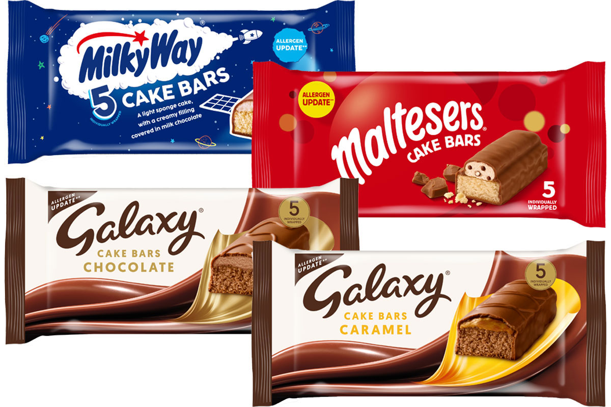 Pack shots of Milky Way Cake Bars, Maltesers Cake Bars, Galaxy Cake Bars Chocolate and Galaxy Cake Bars Caramel.