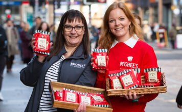 McGhee’s teams up with Brodies to save the tea break Mina MacKenzie, retail partner manager at Brodies, and Aisling McGhee, commercial director at McGhee's, stand outside Glasgow Central Station holding packs of McGhee's individual biscuits with Brodies tea bag attached to it. Each also hold a wicker basket with more biscuit and tea combos.