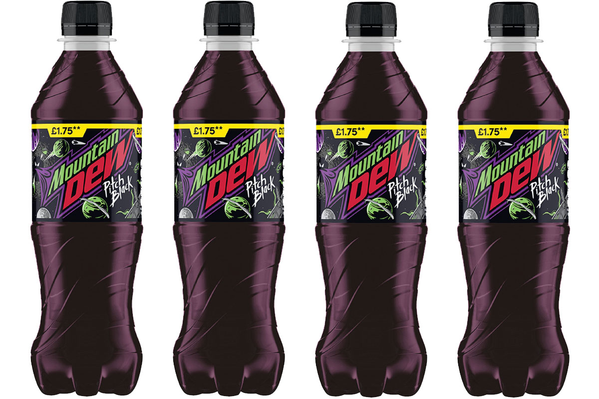 Pack shots of Mountain Dew Pitch Black bottles.