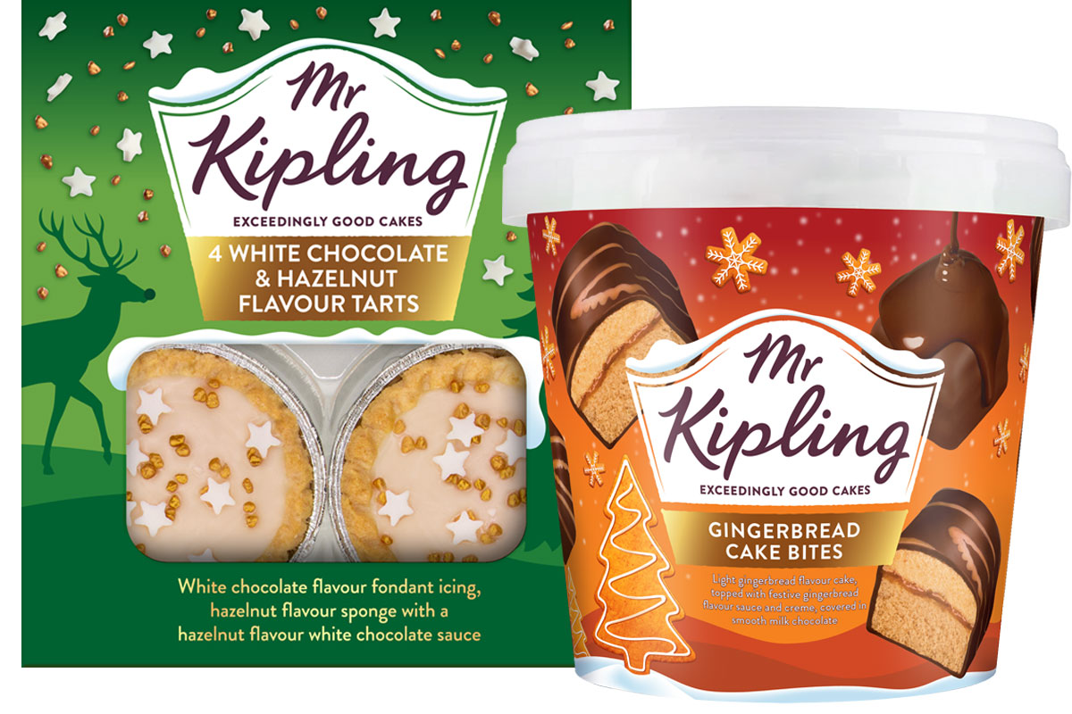 Pack shots of Mr Kipling White Chocolate & Hazelnut Flavour Tarts and Mr Kipling Gingerbread Cake Bites.