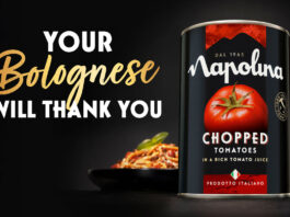 Napolina rolls out new marketing campaign Advert from the Napolina 2026 marketing campaign featuring a pack shot of a can of Napolina Chopped Tomatoes with a bowl of pasta in the background. The text reads "Your Bolognese Will Thank You".