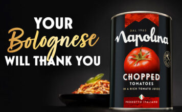 Napolina rolls out new marketing campaign Advert from the Napolina 2026 marketing campaign featuring a pack shot of a can of Napolina Chopped Tomatoes with a bowl of pasta in the background. The text reads "Your Bolognese Will Thank You".