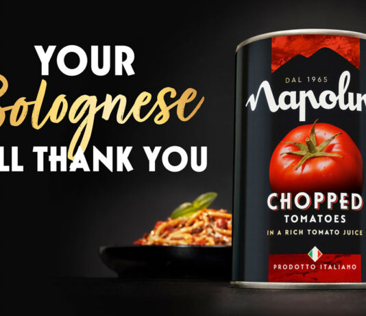 Napolina rolls out new marketing campaign Advert from the Napolina 2026 marketing campaign featuring a pack shot of a can of Napolina Chopped Tomatoes with a bowl of pasta in the background. The text reads "Your Bolognese Will Thank You".